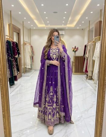DESIGNER GEORGETTE EMBROIDERY 5 MM SEQUENCE WORK GOWN BOTTOM WITH DUPATTA PURPLE