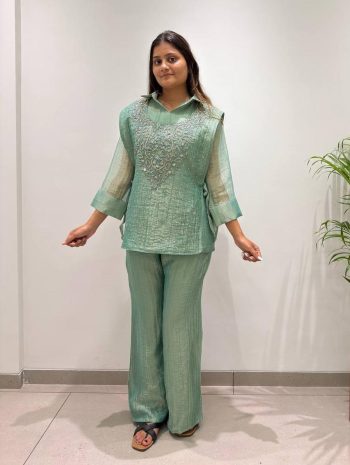 18FANCY SALSA HAND WORK SHIRT SHRUG AND PALAZZO MINT