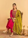 FANCY VICHITRA SILK SEQUENCE EMBROIDERY WORK TOP BOTTOM WITH DUPATTA PARROT GREEN AND RANI