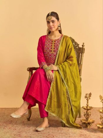 FANCY VICHITRA SILK SEQUENCE EMBROIDERY WORK TOP BOTTOM WITH DUPATTA PARROT GREEN AND RANI
