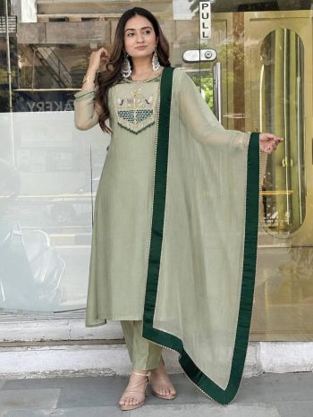 MODERN SALSA SILK EMBROIDERY AND THREAD WORK WITH HAND STITCHED BEADS WORK GOWN BOTTOM WITH DUPATTA GREEN