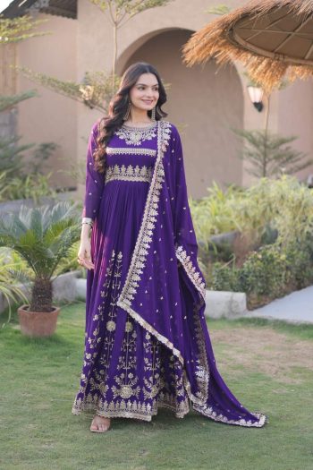 NEW ARRIVAL GEORGETTE ZARI & SEQUENCE EMBROIDERED WORK GOWN WITH DUPATTA PURPLE
