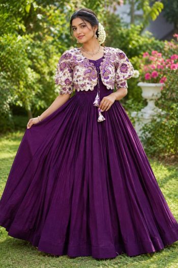 DESIGNER VICHITRA PLAIN GOWN WITH FLORAL POSITION PRINTED WORK KOTI PURPLE