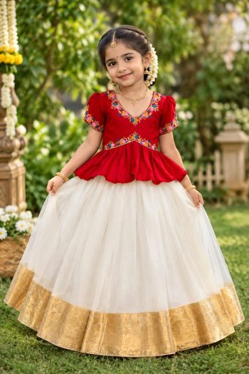 RICH LOOK CHINON SILK FLORAL EMBROIDERY WORK KID'S TOP LEHENGA SET RED
