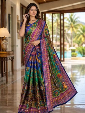 ATTRACTIVE CHINON SILK REAL MIRROR HANDWORK SAREE WITH UNSTITCH BLOUSE MULTI