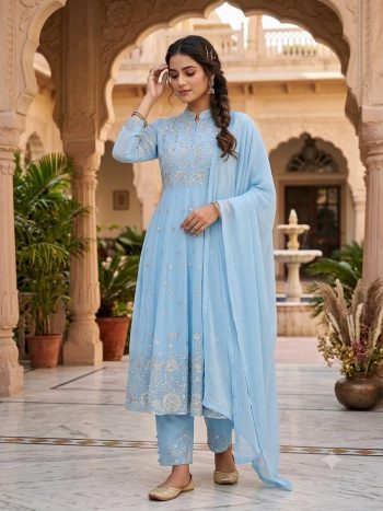 ATTRACTIVE GEORGETTE SEQUENCE  WORK WITH EMBROIDERY WORK TOP BOTTOM WITH DUPATTA SKY