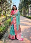 ATTRACTIVE KANCHIPURAM TISSUE  ZARI WEAVING WORK SAREE WITH UNSTITCHED BLOUSE SKY