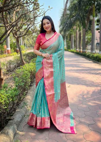 ATTRACTIVE KANCHIPURAM TISSUE  ZARI WEAVING WORK SAREE WITH UNSTITCHED BLOUSE SKY