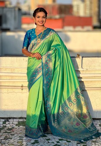 BOLLYWOOD SOFT SILK GALA PLAIN  WITH KADIYAL PAITHANI WEAVES WORK SAREE WITH UNSTITCHED BLOUSE PARROT GREEN