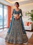 DESIGNER BUTTERFLY NET SEQUENCE AND CODING EMBROIDERY WORK LEHENGA CHOLI WITH DUPATTA TEAL