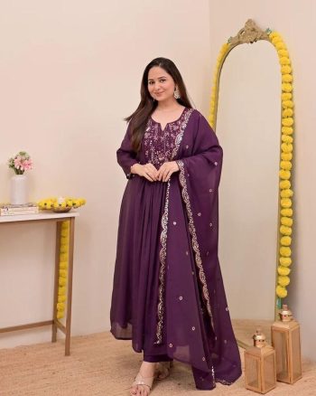DESIGNER CHANDERI SILK EMBROIDERY SEQUENCE WORK TOP BOTTOM WITH DUPATTA WINE