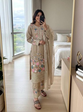 DESIGNER CHINON EMBROIDERY SEQUENCE DIAMOND HAND WORK TOP PALAZZO WITH DUPATTA  CREAM