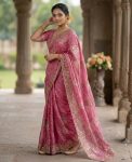 DESIGNER FENDY SATIN BEADS EMBROIDERY WORK WITH SEQUENCE AND CUT WORK BORDER SAREE WITH UNSTITCHED BLOUSE PINK
