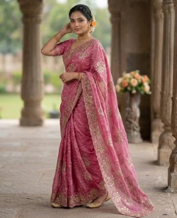 DESIGNER FENDY SATIN BEADS EMBROIDERY WORK WITH SEQUENCE AND CUT WORK BORDER SAREE WITH UNSTITCHED BLOUSE PINK