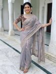 DESIGNER FENDY SATIN EMBROIDERY 3 MM SEQUENCE WORK HEAVY BORDER SAREE WITH STITCHED BLOUSE GREY