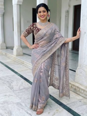 DESIGNER FENDY SATIN EMBROIDERY 3 MM SEQUENCE WORK HEAVY BORDER SAREE WITH STITCHED BLOUSE GREY
