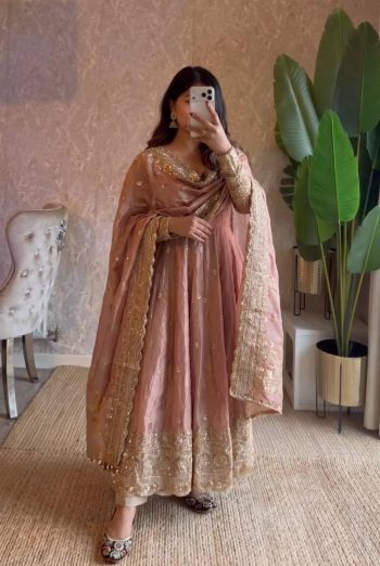 DESIGNER FENDY SILK EMBROIDERY  SEQUENCE WORK GOWN BOTTOM WITH DUPATTA PEACH