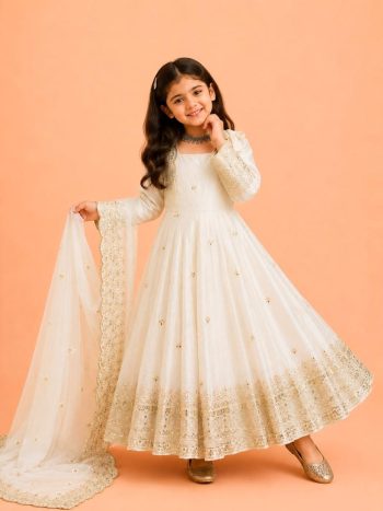 DESIGNER FENDY SILK SEQUENCE EMBROIDERY WORK KID'S GOWN BOTTOM WITH DUPATTA WHITE