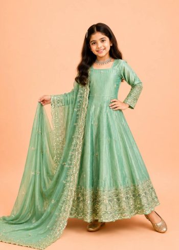DESIGNER FENDY SILK SEQUENCE EMBROIDERY WORK KID'S GOWN BOTTOM WITH DUPATTA SEA GREEN