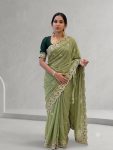 DESIGNER GEORGETTE SILK SEQUENCE AND ZARI EMBROIDERY WORK WITH CUTWORK BORDER SAREE WITH STITCHED BLOUSE PISTA