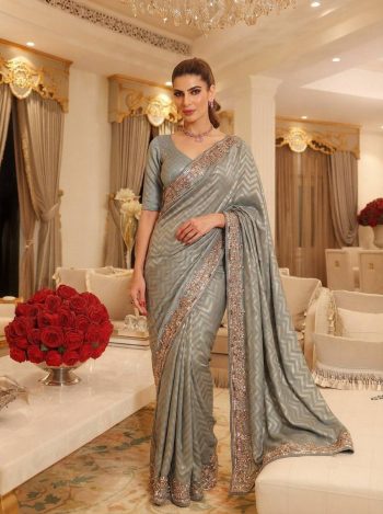 DESIGNER KAJIVARAM SILK CUTDANA, BEADS & SEQUENCE EMBROIDERY WORK SAREE WITH UNSTITCHED BLOUSE GREY