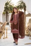 DESIGNER MUL CHANDERI EMBROIDERY SEQUENCE WITH REAL MIRROR HAND WORK AND FANCY LACE WORK TOP PATIYALA WITH DUPATTA BROWN