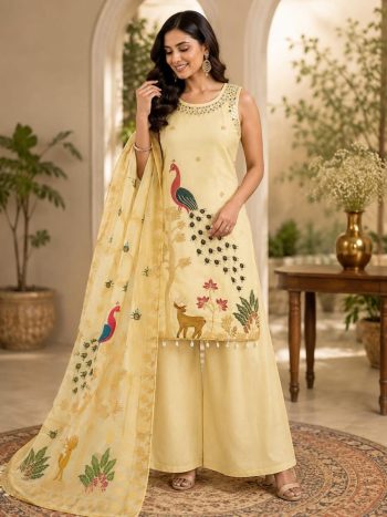 DESIGNER ROMAN SILK ORIGINAL MIRROR WORK WITH EMBROIDERY WORK TOP PALAZZO WITH DUPATTA CREAM
