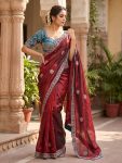 DESIGNER SATIN EMBROIDERY 3 MM SEQUENCE WORK HEAVY BORDER WITH BUTTA WORK SAREE WITH STITCHED BLOUSE MAROON