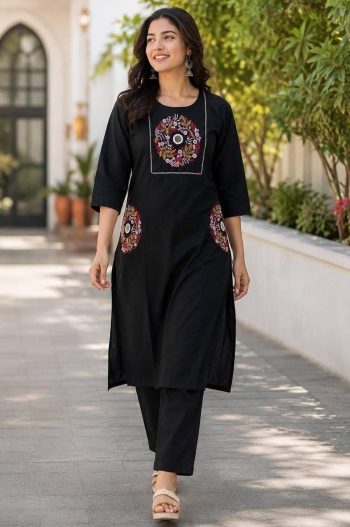 DESIGNER SLUB COTTON EMBROIDERY WORK TOP PENT SET BLACK