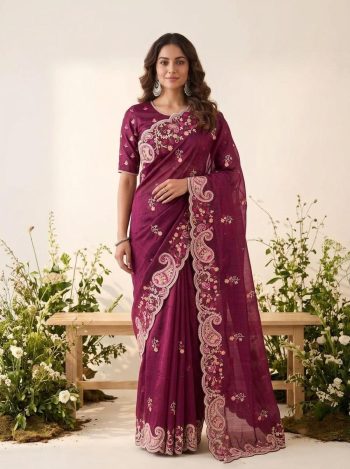 DESIGNER SPACE SILK EMBROIDERY WITH CUTWORK BORDER SAREE WITH UNSTITCHED BLOUSE WINE