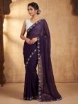 DESIGNER SPACE SILK ORIGINAL ROSE GOLD BEADS AND WHITE PEARL WORK SAREE WITH STITCHED BLOUSE PURPLE