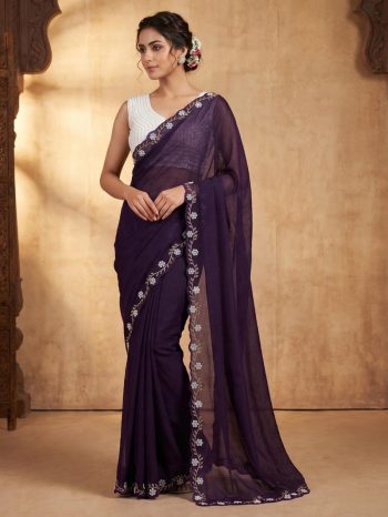 DESIGNER SPACE SILK ORIGINAL ROSE GOLD BEADS AND WHITE PEARL WORK SAREE WITH STITCHED BLOUSE PURPLE
