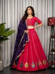 DESIGNER VICHITRA SILK EMBROIDERY MULTI THREAD WORK AND SEQUENCE WORK  AND AARI MIRROR WORK LEHENGA CHOLI WITH DUPATTA RANI AND PURPLE