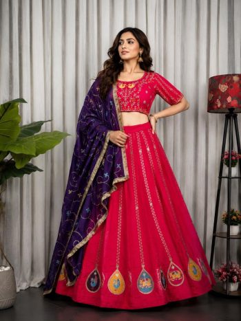 DESIGNER VICHITRA SILK EMBROIDERY MULTI THREAD WORK AND SEQUENCE WORK  AND AARI MIRROR WORK LEHENGA CHOLI WITH DUPATTA RANI AND PURPLE