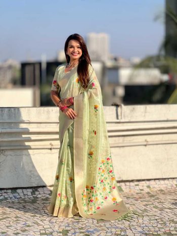 FABULOUS ORGANZA MEENAKARI ZARI WOVEN WORK SAREE WITH UNSTITCHED BLOUSE PISTA