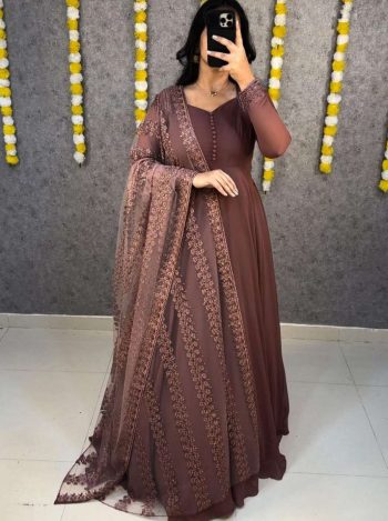 FABULOUS SOFT FAUX GEORGETTE POTLI BUTTON WORK GOWN WITH DUPATTA  CHIKU