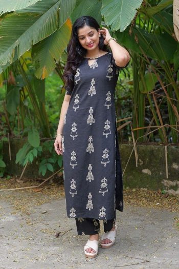 FANCY COTTON BLEND BLOCK PRINT WORK CO-ORD SET BLACK