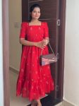 FANCY KOTA CHECKS EMBROIDERY WORK ONE PIECE DRESS RED