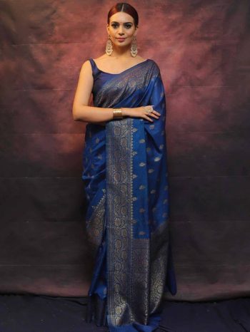 FANCY LICHI SILK WEAVING WORK SAREE WITH UNSTITCHED BLOUSE BLUE