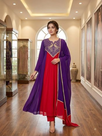 FANCY MUL CHANDERI CODING WITH SEQUENCE EMBROIDERY WORK TOP BOTTOM WITH DUPATTA PURPLE AND RED