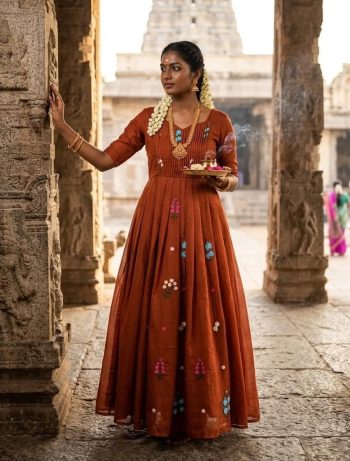 FANCY MUL COTTON EMBROIDERY WORK GOWN ORANGE