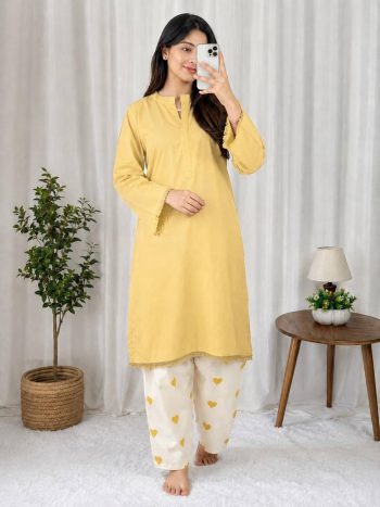 FANCY RAYON COTTON PLAIN TOP WITH EMBROIDERY WORK PALAZZO LIGHT YELLOW