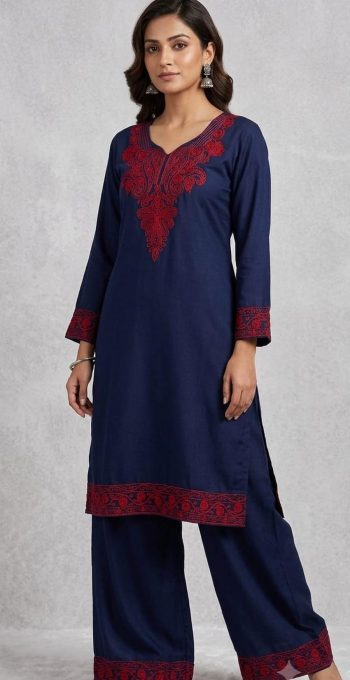 FANCY RAYON EMBROIDERY WORK TOP PENT SET NAVY BLUE