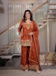 FANCY SINDOORI SATIN SILK SEQUENCE EMBROIDERY WORK TOP PALAZZO WITH DUPATTA ORANGE