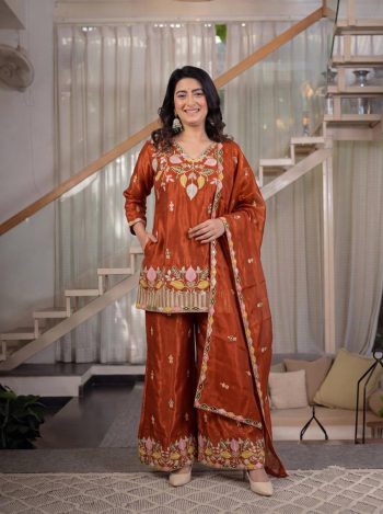 FANCY SINDOORI SATIN SILK SEQUENCE EMBROIDERY WORK TOP PALAZZO WITH DUPATTA ORANGE