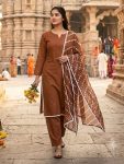 FANCY SLUB COTTON LACE BORDER WORK TOP BOTTOM WITH DUPATTA CHIKU