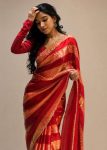 FANCY SPACE SILK JHARKAN WORK  WITH SWAROVSKI WORK SAREE WITH UNSTITCHED BLOUSE RED