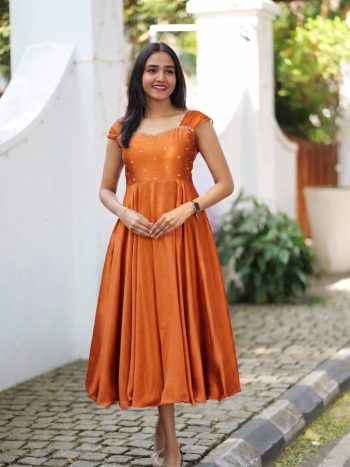 GEORGEOUS RANGOLI SILK MAGGAM WORK GOWN ORANGE