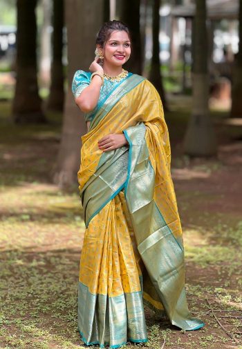 GEORGEOUS TISSUE SILK ZARI WEAVING WORK SAREE WITH UNSTITCHED BLOUSE YELLOW