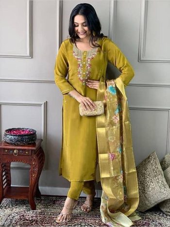 LATEST SLUB COTTON  EMBROIDERY WORK TOP BOTTOM WITH DUPATTA YELLOW